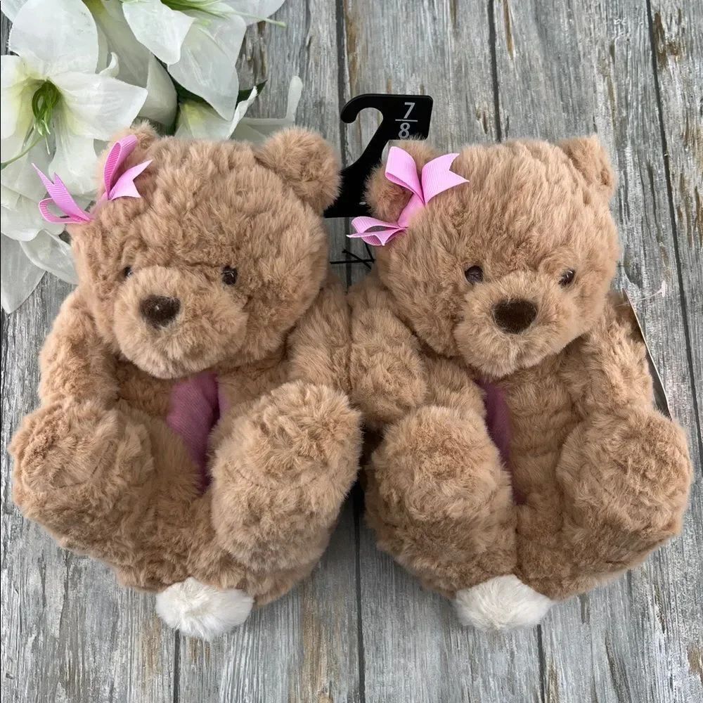 Toddler Baby Girls Plush Teddy Bear Slippers Shoes Size 7/8